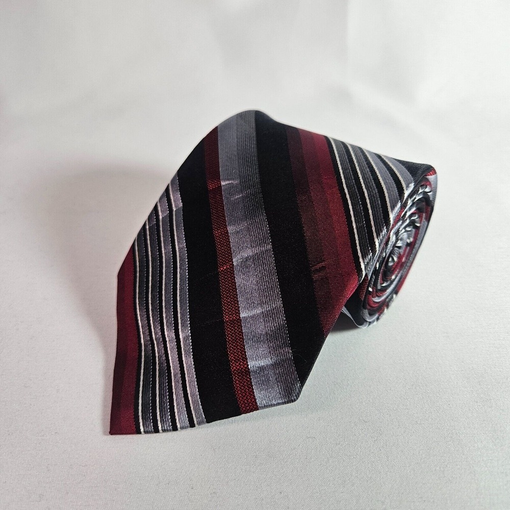 John Bartlett‎ 100% Silk Tie Red Black Silver Stripes 3.5" x 58.5"